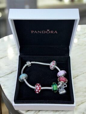 Pandora Silver Charm Bracelet with Multicolor Murano Glass Beads